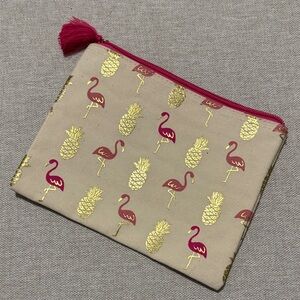 EUC Cloth MakeUp Zip Top Pouch-Beige/Gold with Flamingo Print